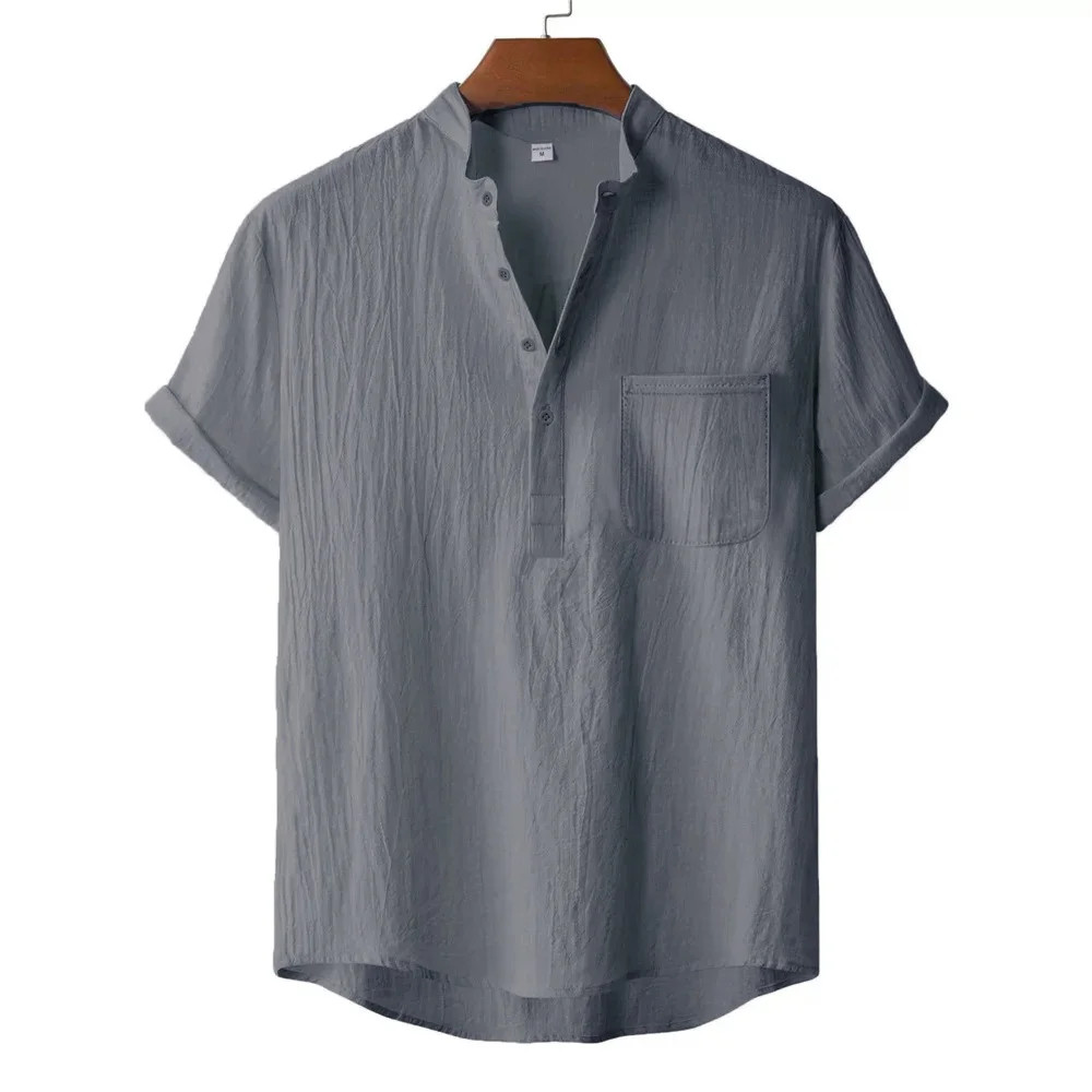 Men’s Summer Cotton Linen Henley T-Shirt Lightweight Breathable Beach Shirt Top gallery