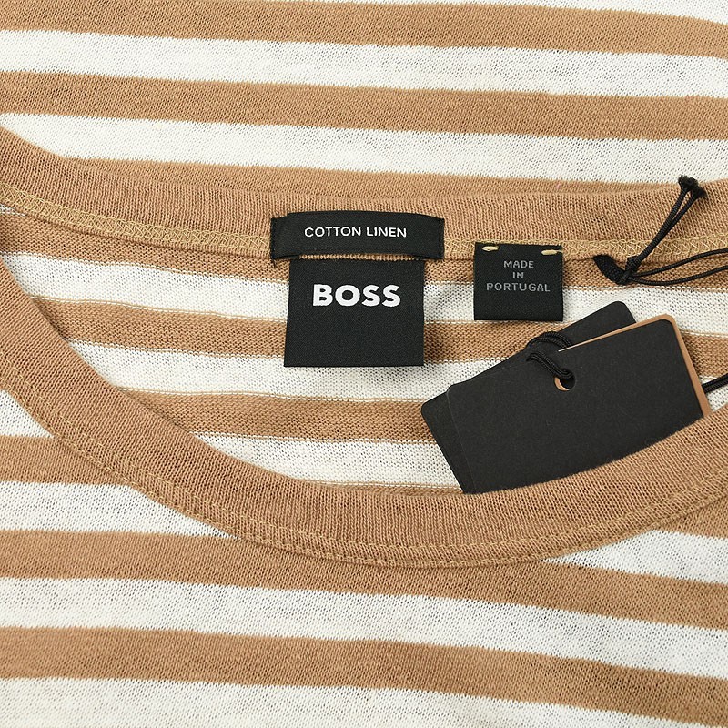 HUGO BOSS Camel White Striped TIBURT Cotton Linen Crew Neck T Shirt LARGE NWT gallery