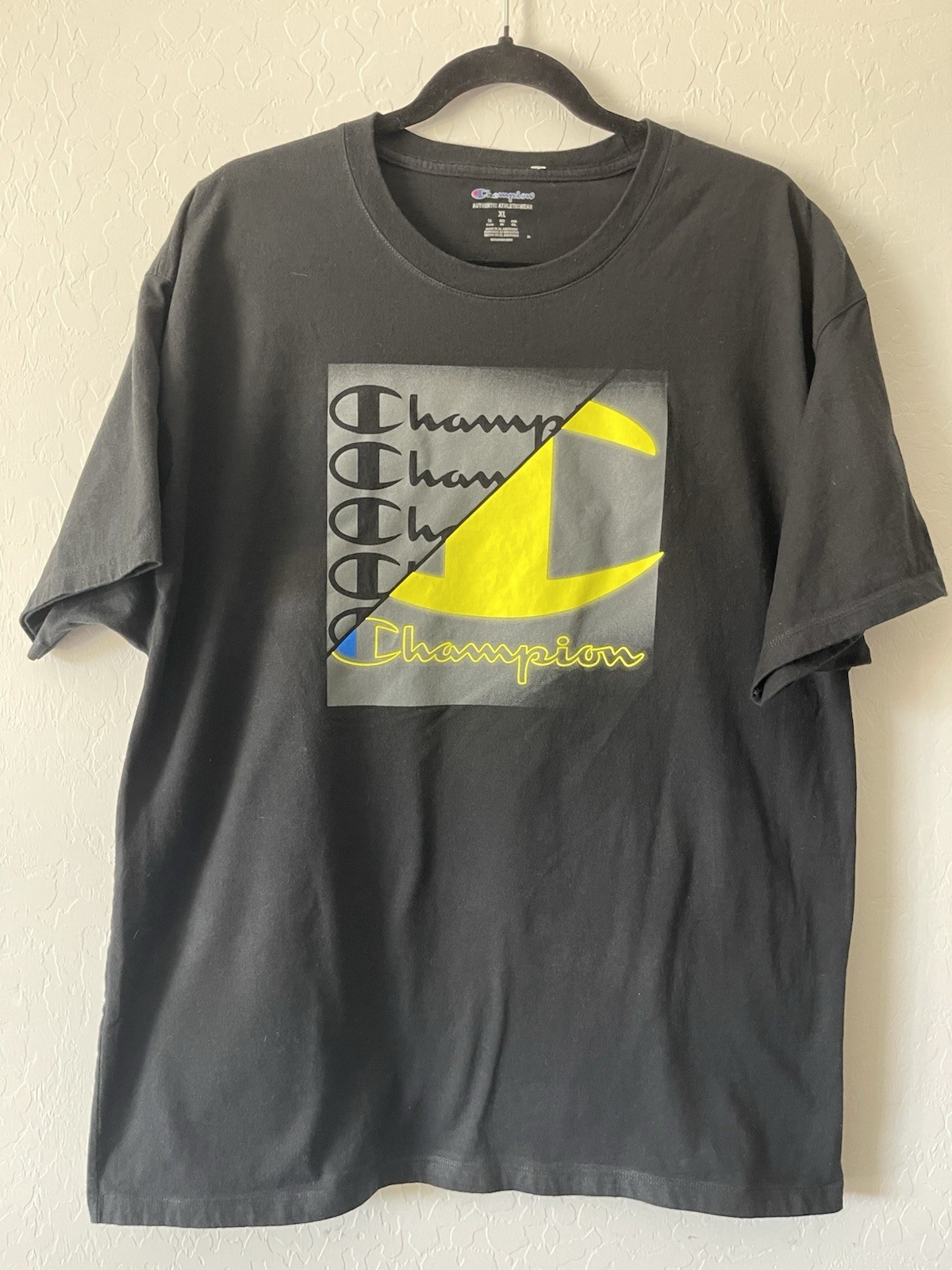 Champion Men’s T-Shirt XL Short Sleeve Black Neon Yellow Logo Shipped Same Day