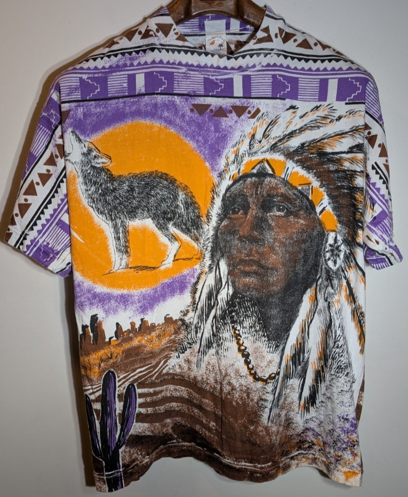 Vintage 1990s Native American Americana Chief Wolf Sun L T shirt gallery