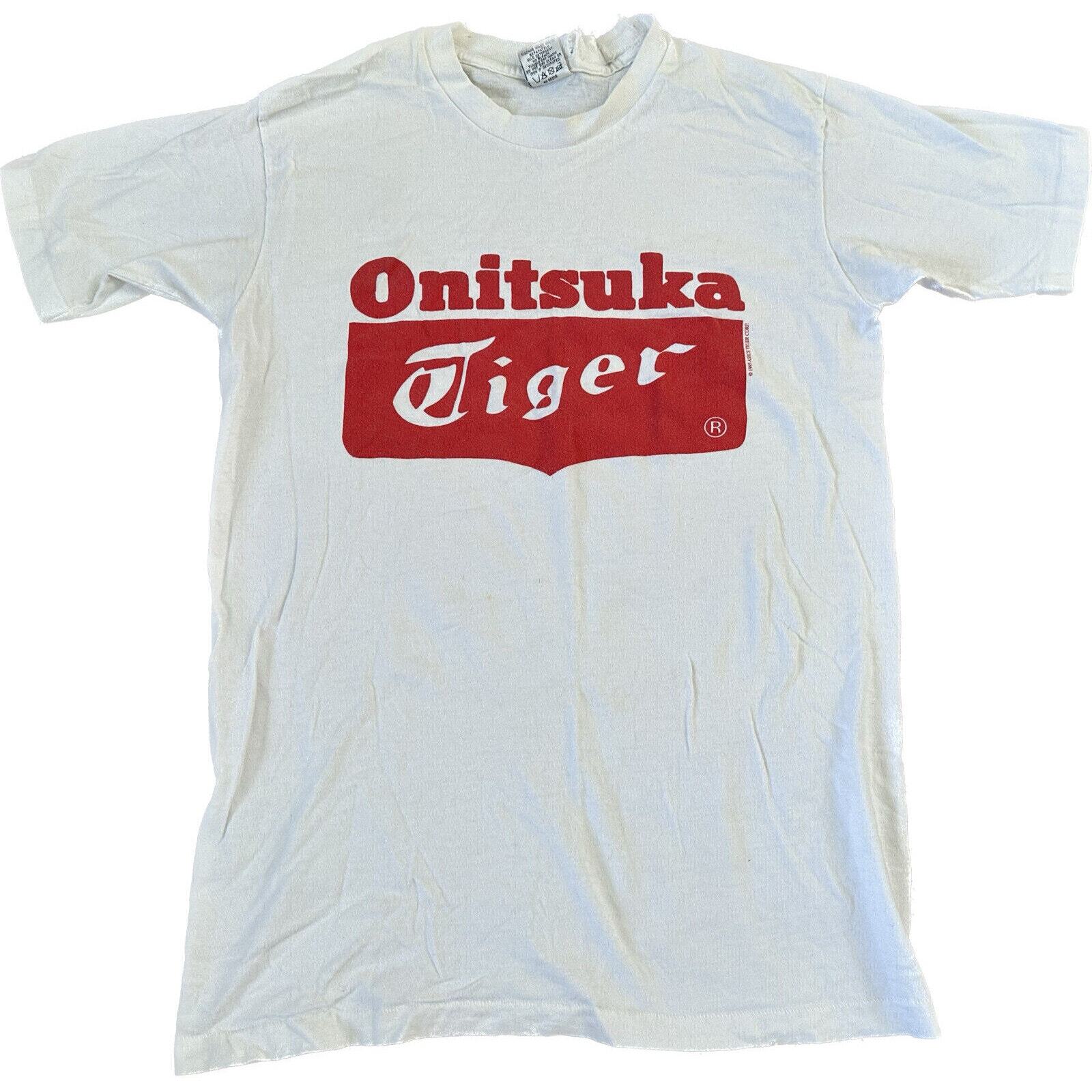 Vintage 90s ASICS Onitsuka Tiger USA Made White Medium Single Stitched Shirt VTG