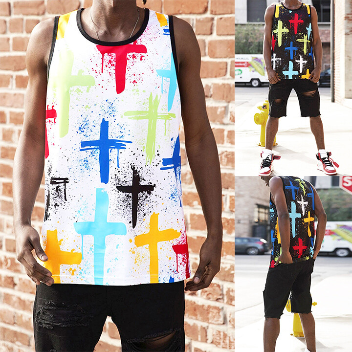 Victorious Men’s Casual Cross Paint Splatter Graphic Print Tank Top TT109