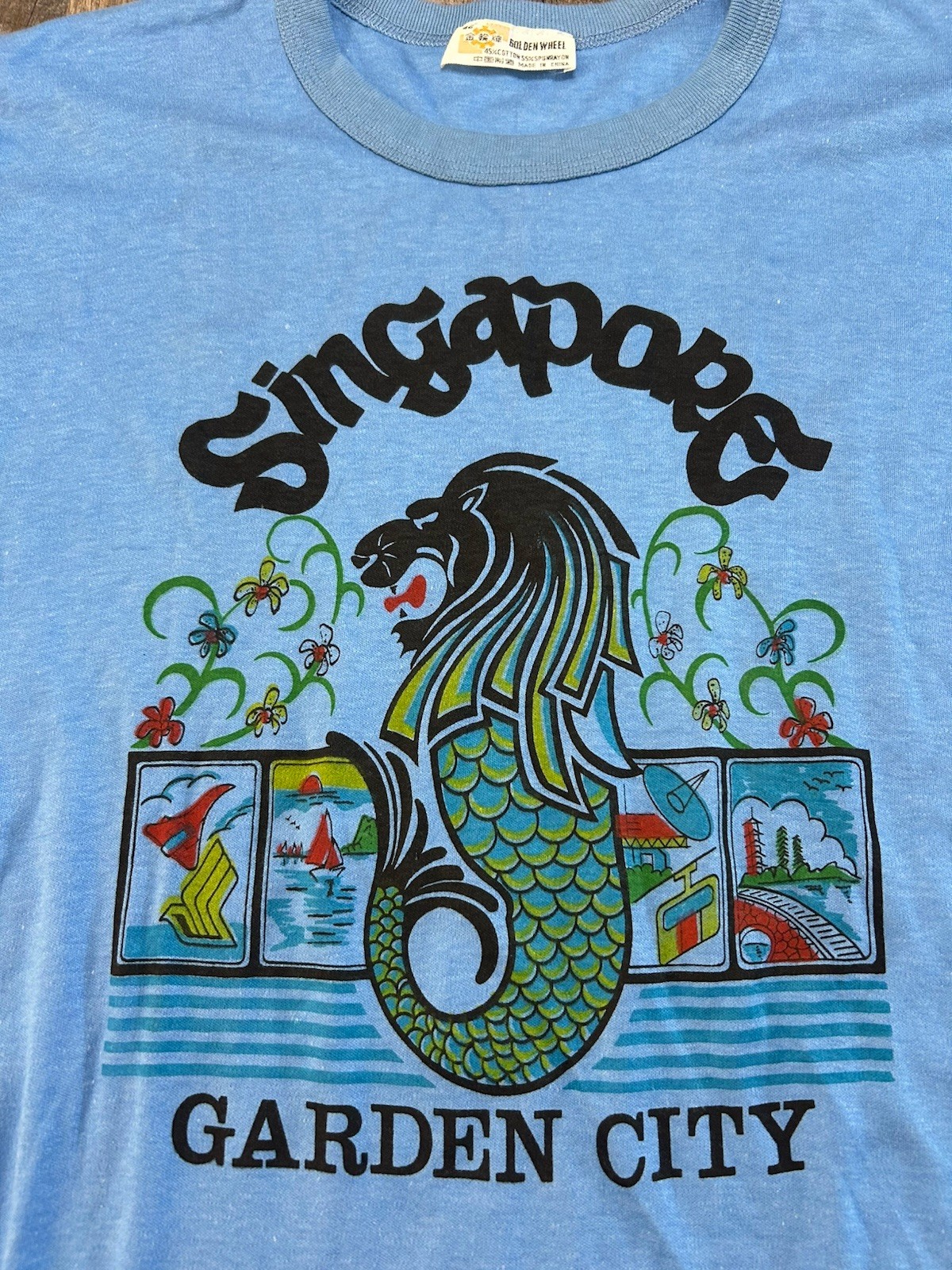 Vintage Singapore Garden City Golden Wheel Dragon Tee Size Medium 42 Blue gallery