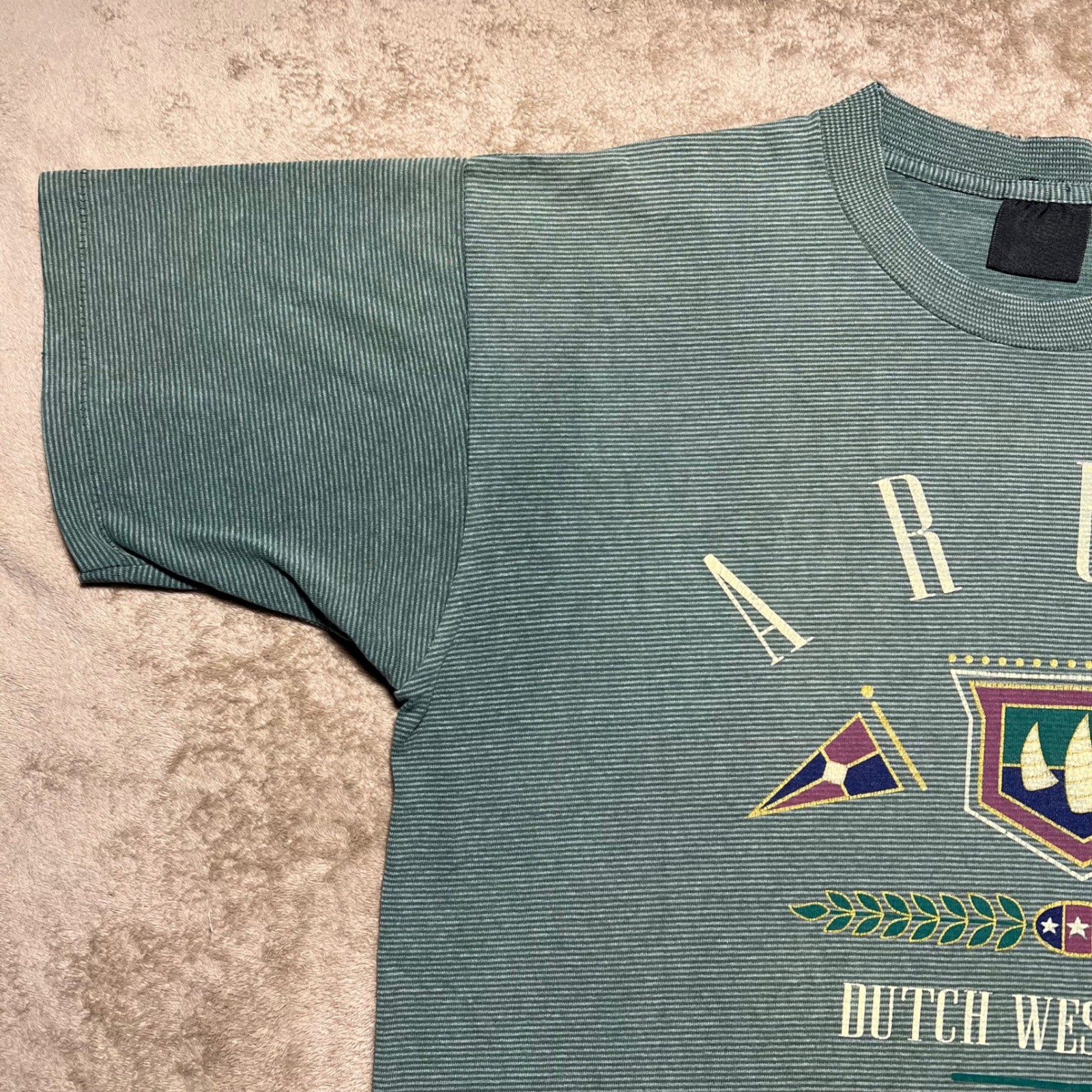 Vintage 1992 Aruba Dutch West Indies T Shirt Single Stitch Striped Green Mens L gallery