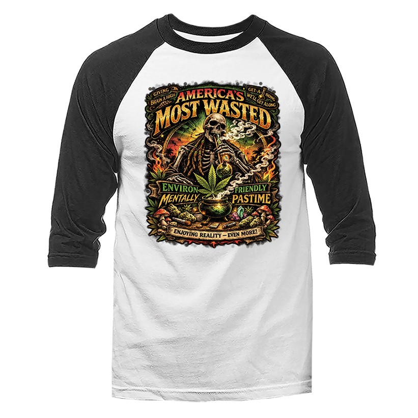 America’s Most Wasted Skeleton Stoner Marijuana Weed Cannabis 3/4 Sleeve Raglan