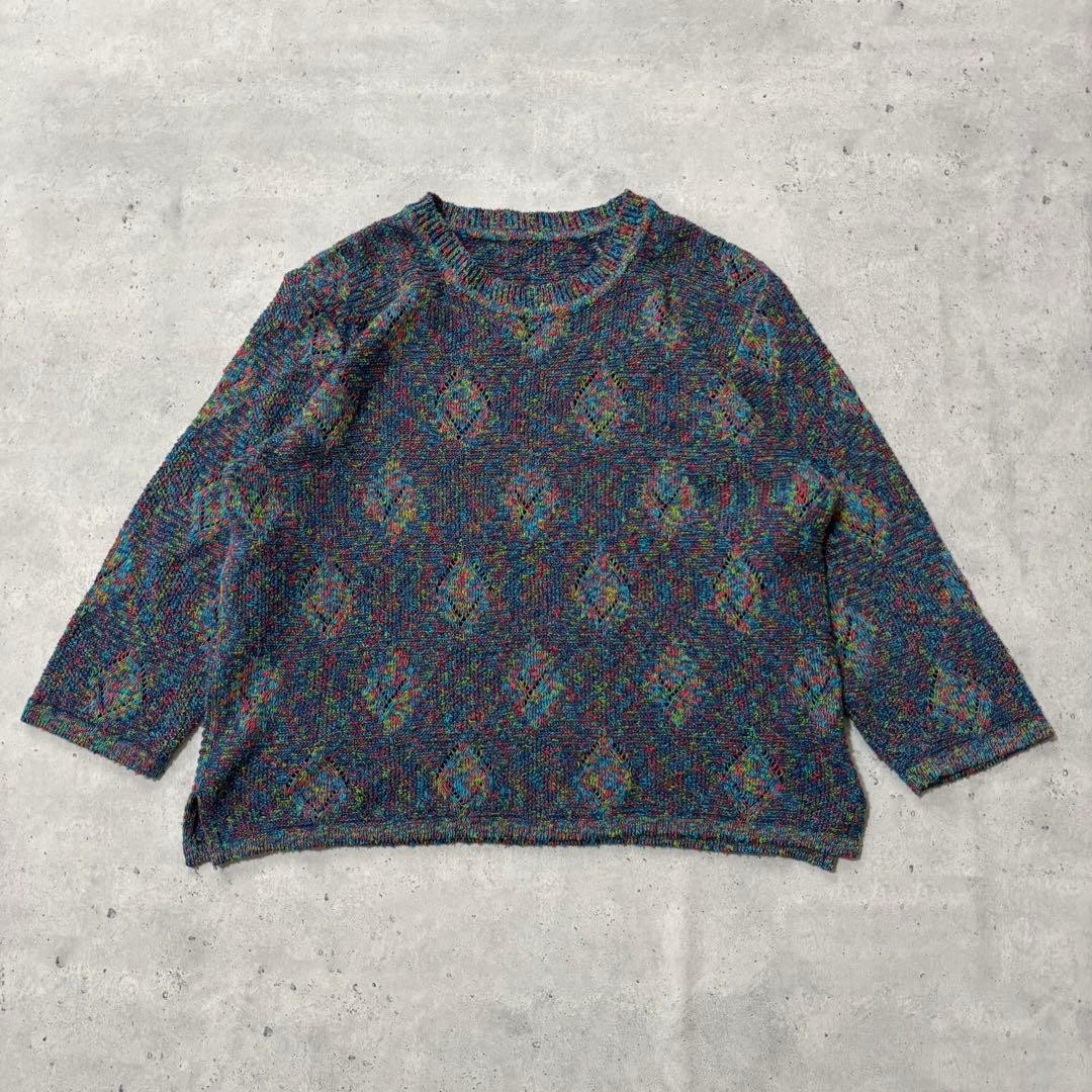 One-of-a-kind all-oer pattern retro knit sweater mix color short length thin