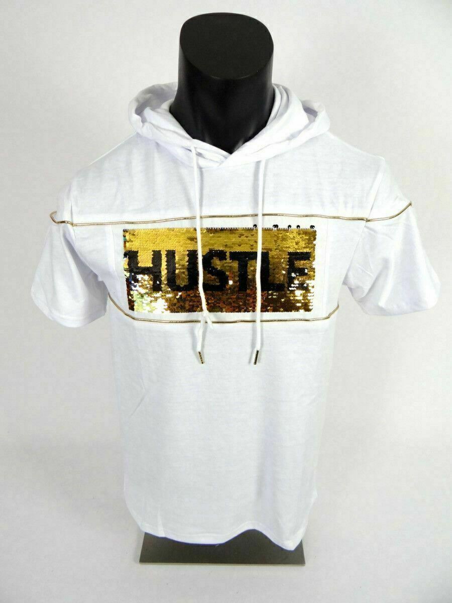 Mens Hoodie T-Shirt Reverse Gold Sequins Logo White Slim Fit Hip Hop M L XL XXL gallery