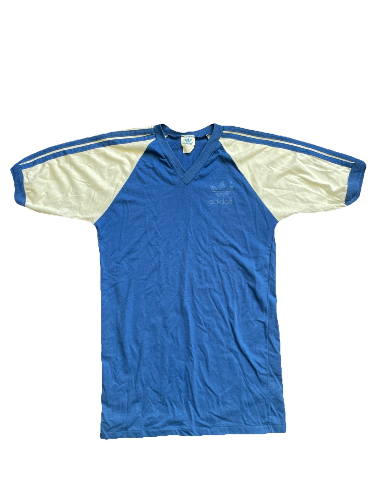 80s Vtg Adidas Trefoil USA MADE V-Neck LONG jersey Tee shirt blue white size M gallery