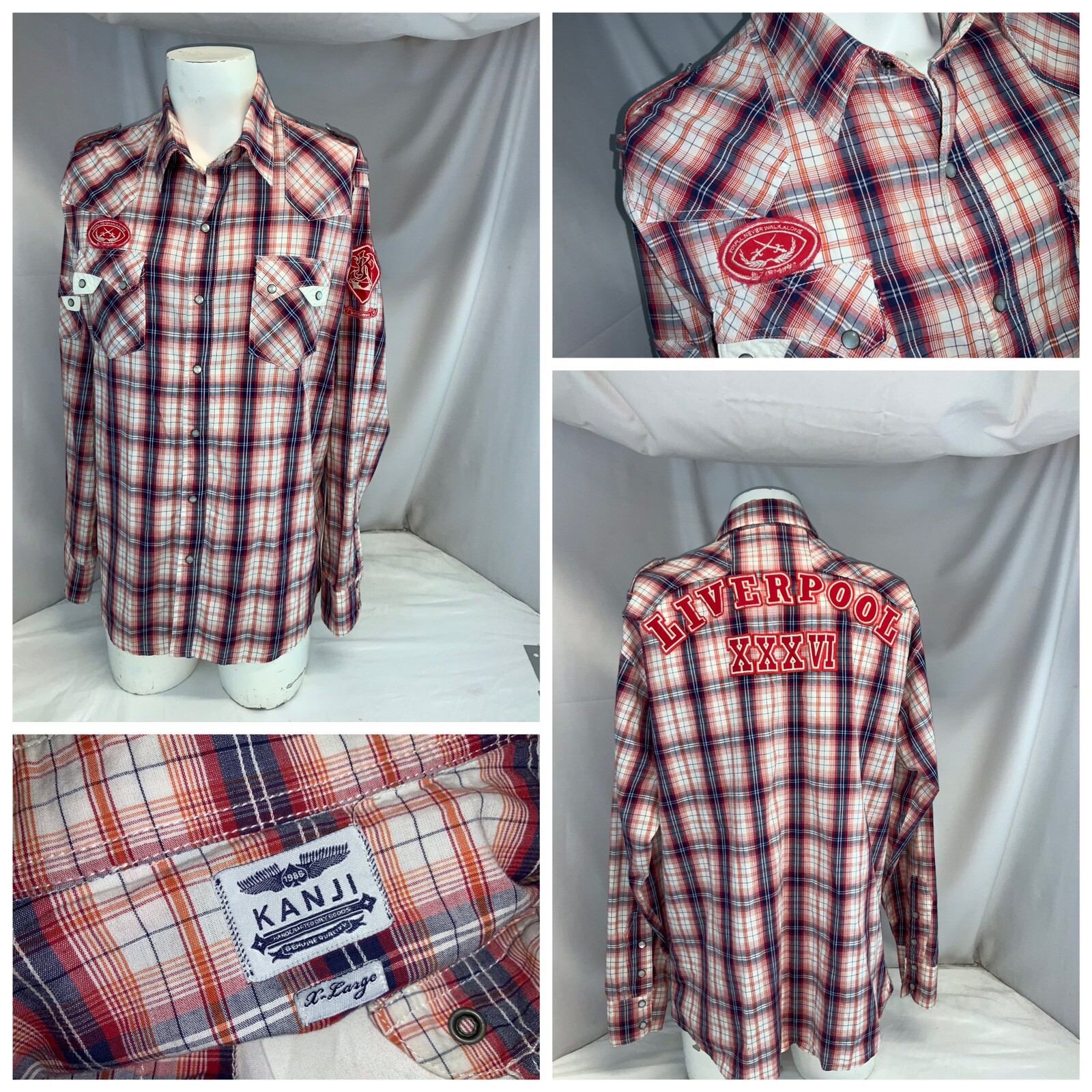 Kanji Western Shirt XL Men Red Plaid Cotton Liverpool XXXVI Snap India YGI G0-84