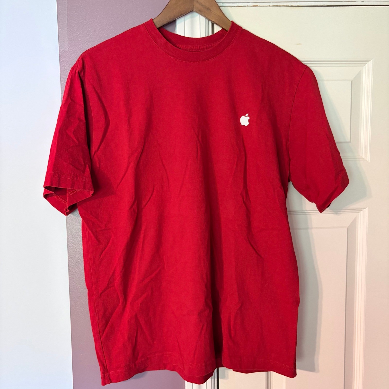 Apple T-Shirt Large Tech Red Short Sleeve Embroidered Logo Cotton USA Made Tee