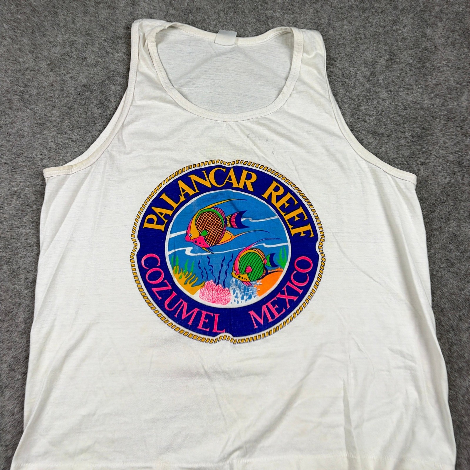 Vintage Palancar Reef Cozumel Mexico Tank Top Mens XL White Souvenir Fish 90s gallery