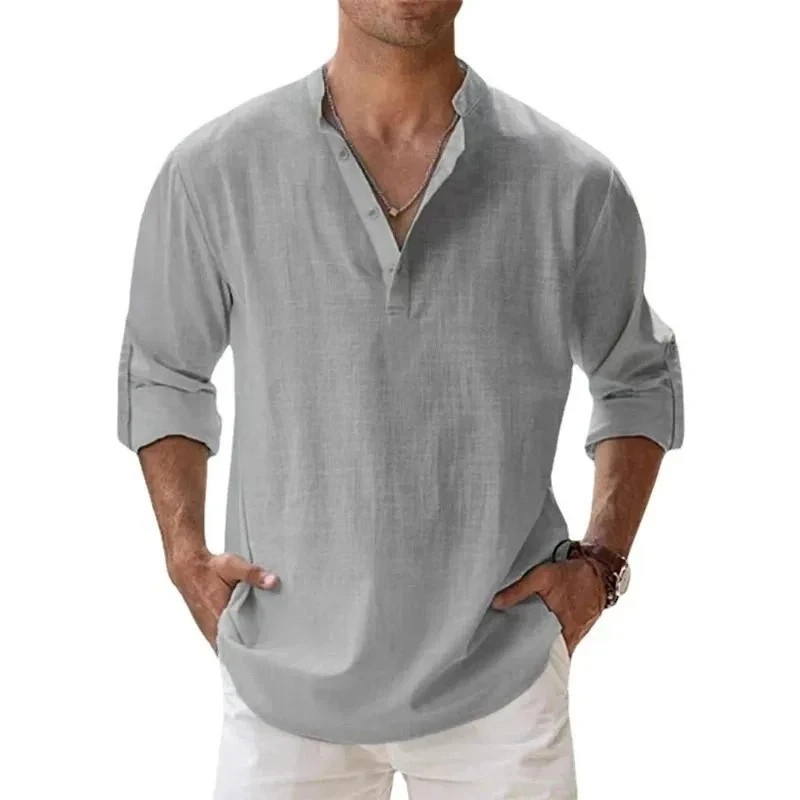 Men's Cotton Linen Henley Long Sleeve Shirt Casual Beach T-shirt Tee Summer Gift gallery