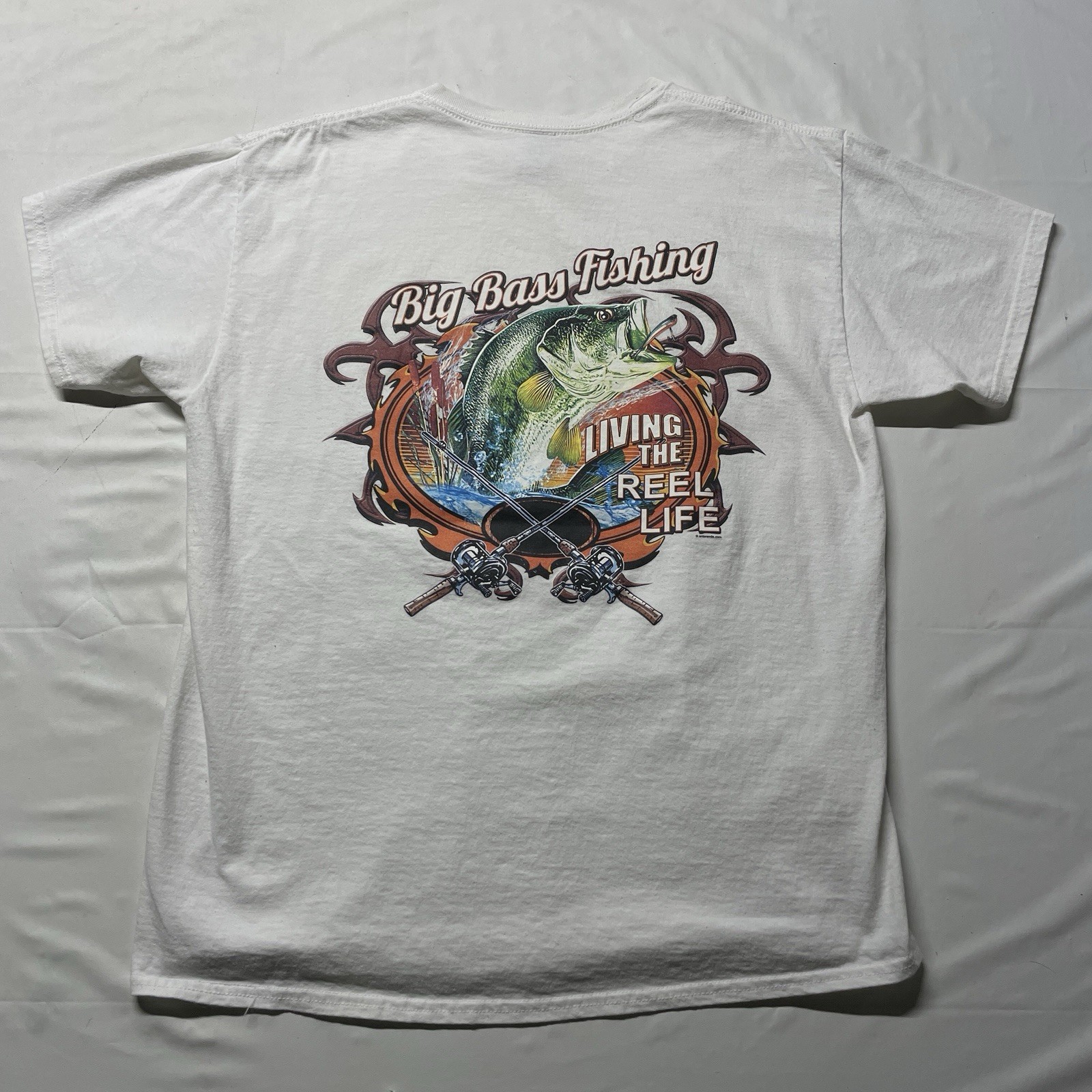 Bass Fishing Art T-Shirt Mens Large Living The Reel Life Dad Lake Beach Fish Y2K gallery