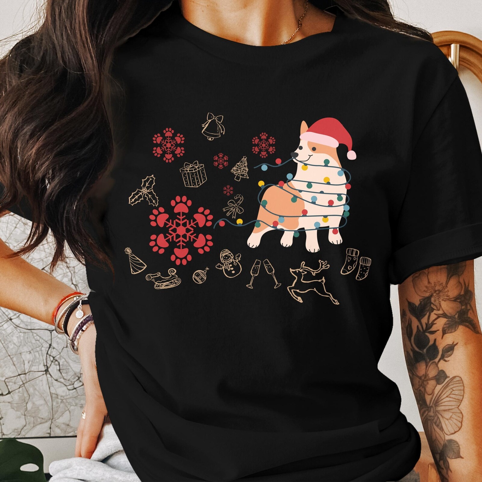 Corgi Christmas Lights T-Shirt, Holiday Dog Bella Canvas 3001, Gildan 18000 Swea gallery