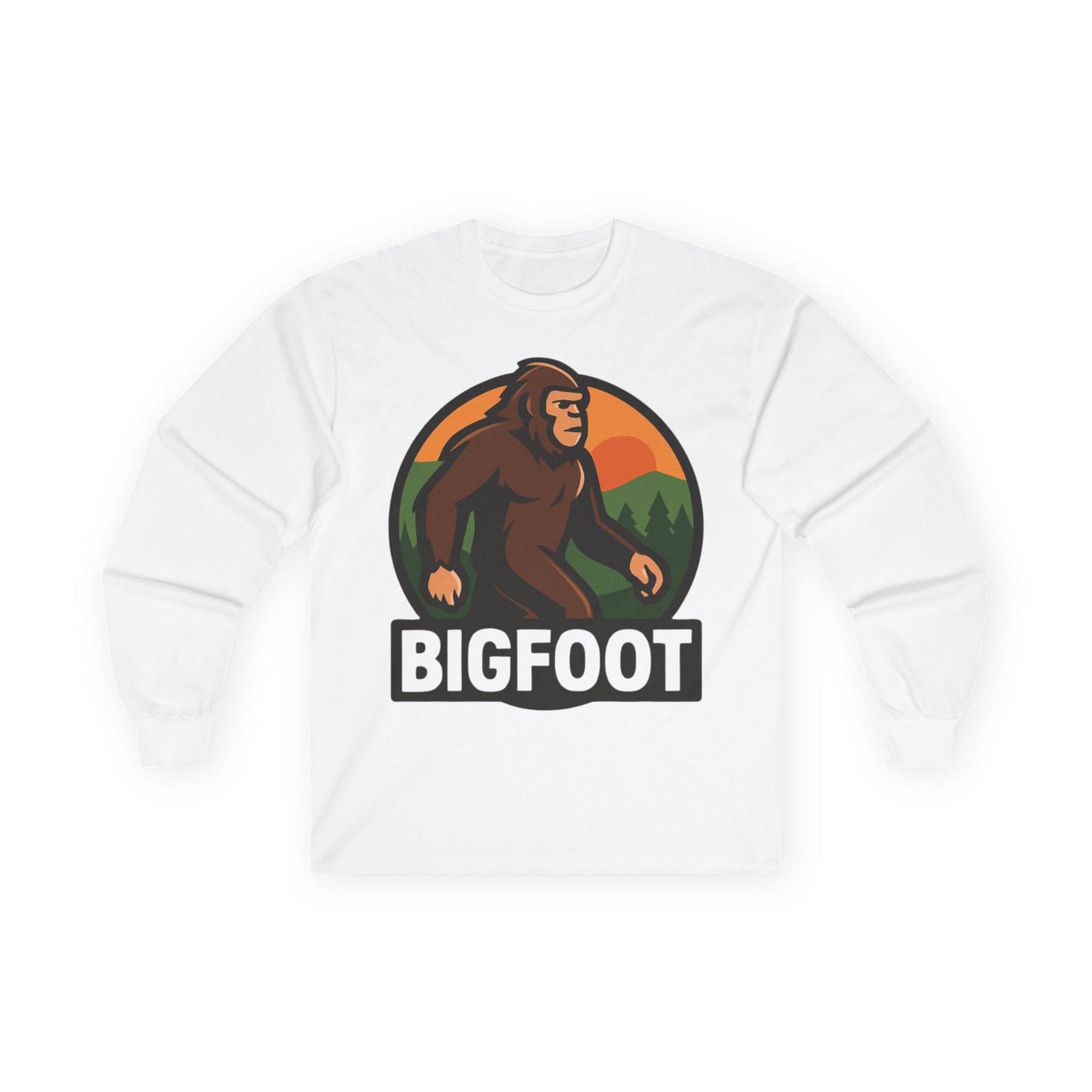 Bigfoot Logo Long Sleeve Tee | Sasquatch Forest Sunset Design gallery