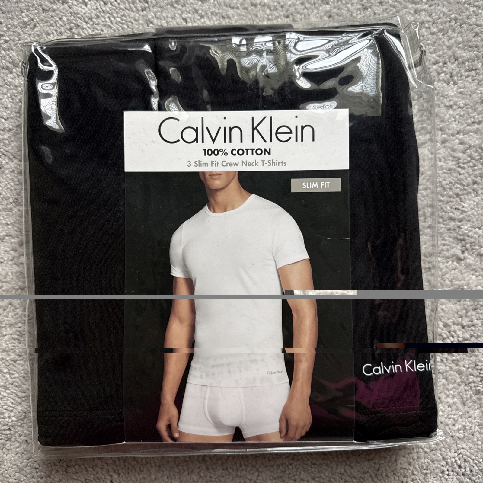 NWT Calvin Klein 100% Cotton 3 Pack Slim Fit Black Crew Neck T-Shirts Mens Sz L gallery
