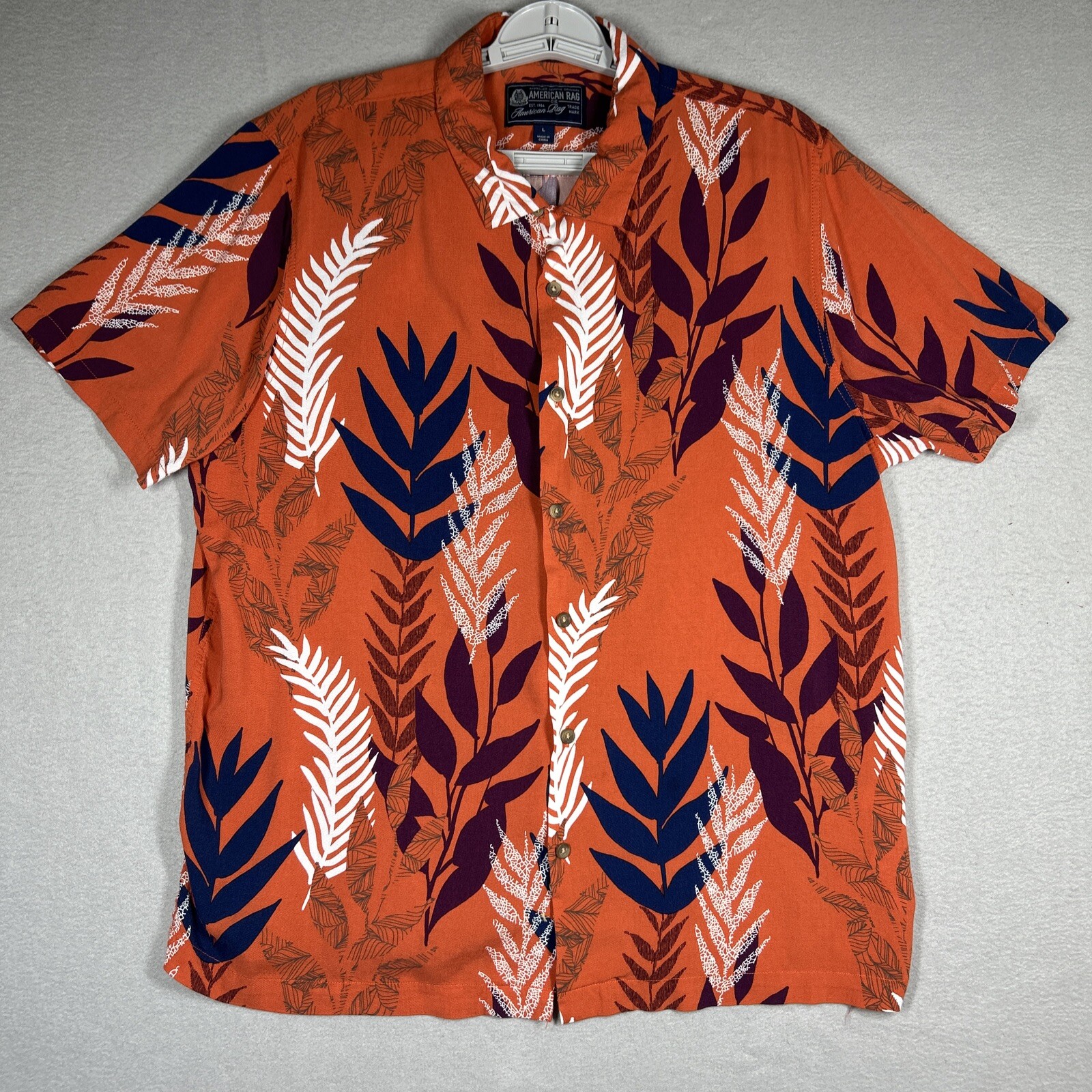 American Rag Floral Short Sleeve Shirt Mens L Orange Dress Shirt Collared
