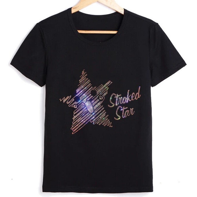 New Men Luxury Diamond Star Rhinestones Fashion Black T-Shirt High Quality