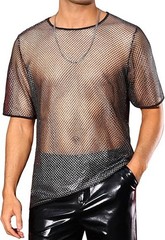 Lars Amadeus Silver Black Mesh Fishnet Shirt for Men’s See Through T-Shirt, XL