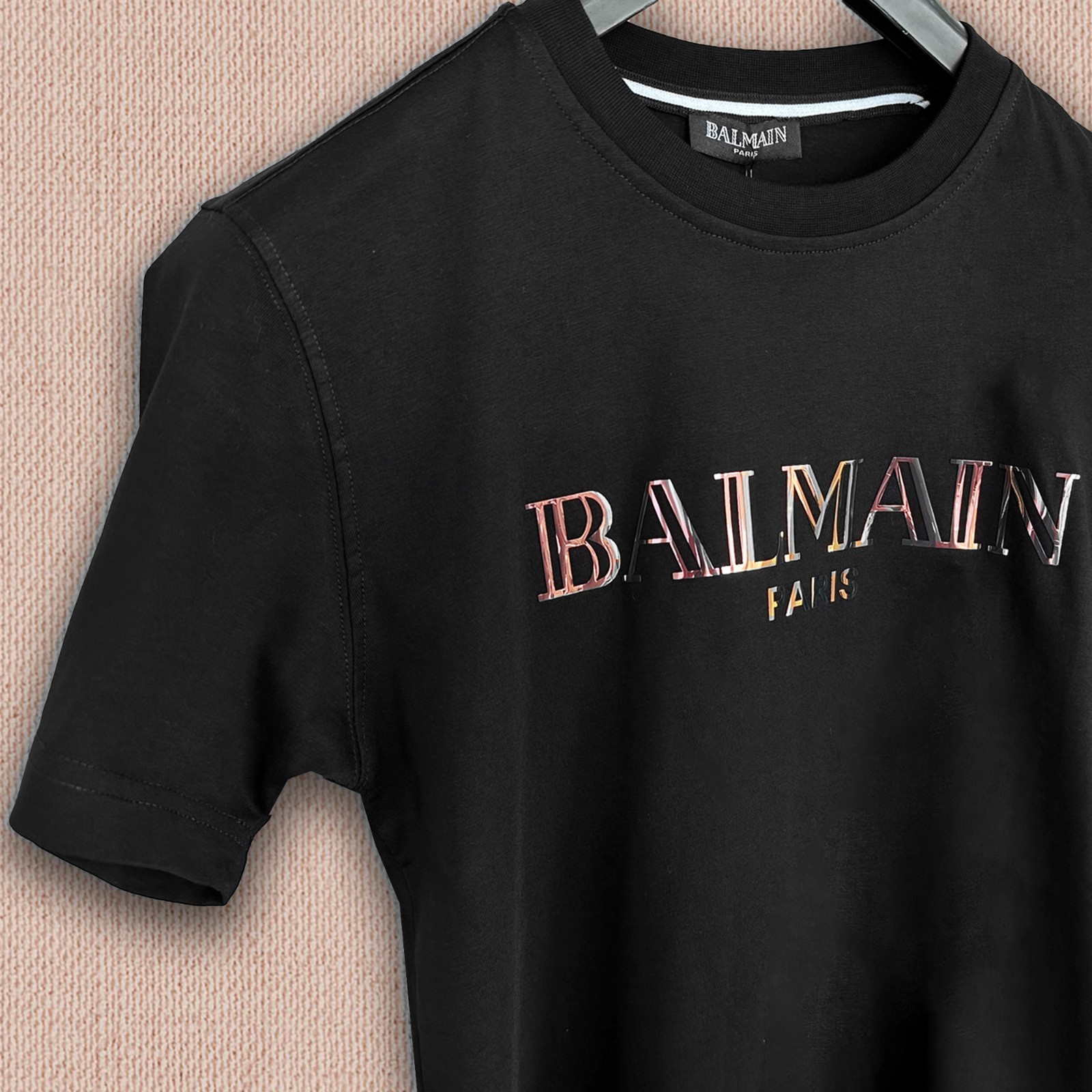 Balmain Black T-shirt --- Golden Text Logo Print --- Size XL -- Tariff Paid gallery