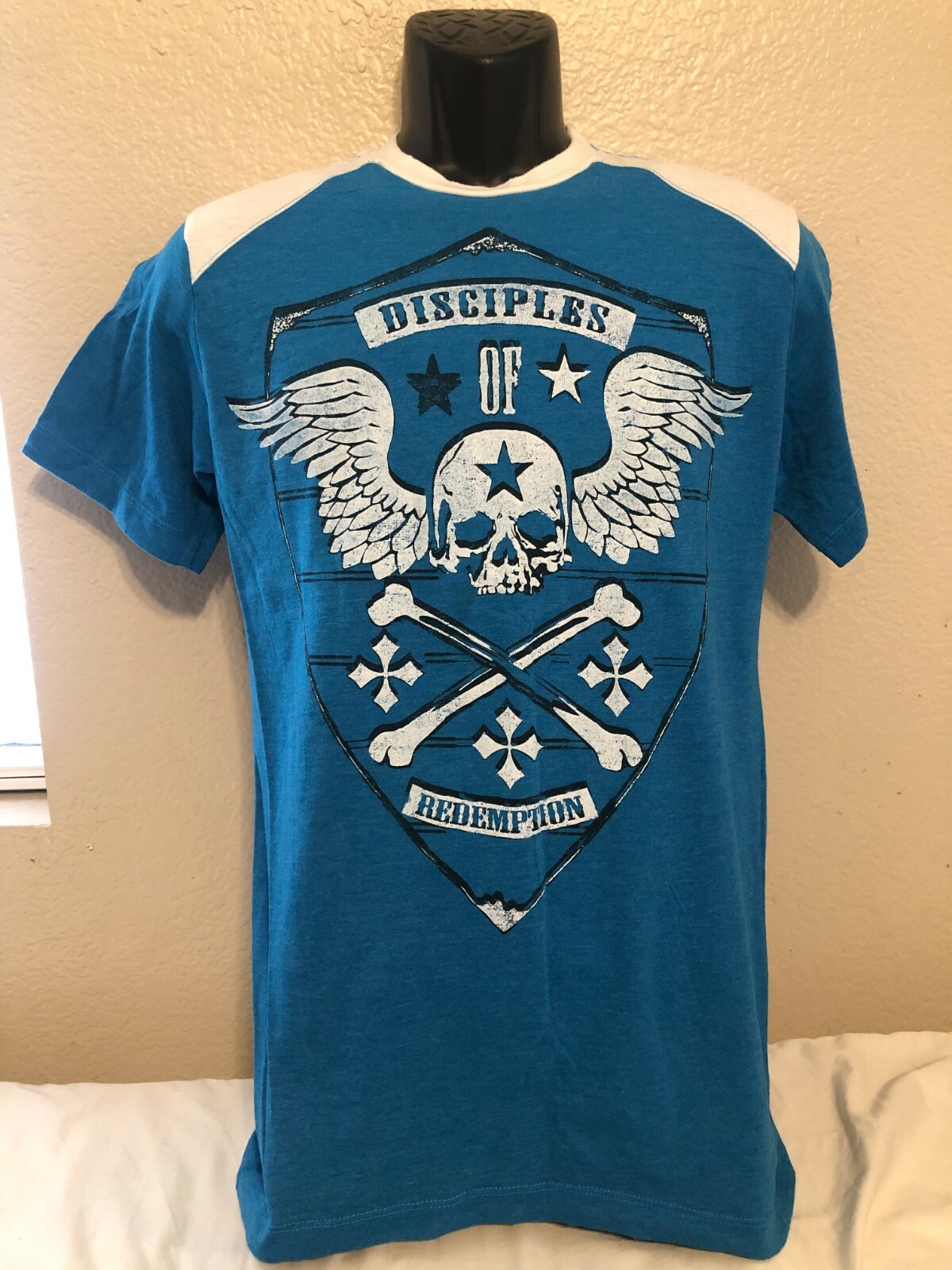 SKULLY BRAND Disciples Of Redemption MENS BLUE T-SHIRT – SIZE SMALL – Great Cond