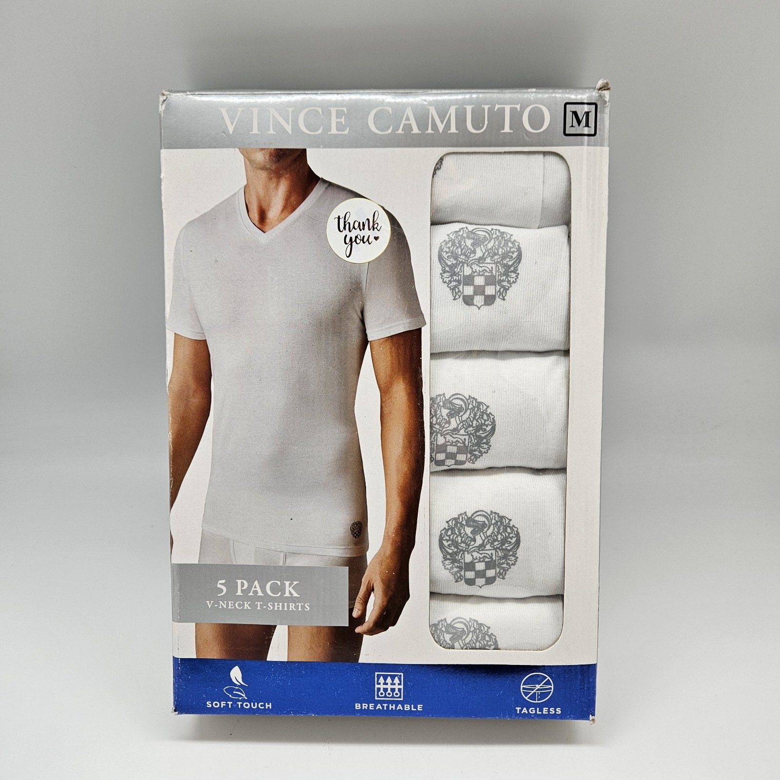 5 Pack VINCE CAMUTO Men’s S M L White Logo V Neck Cotton T Shirt Set