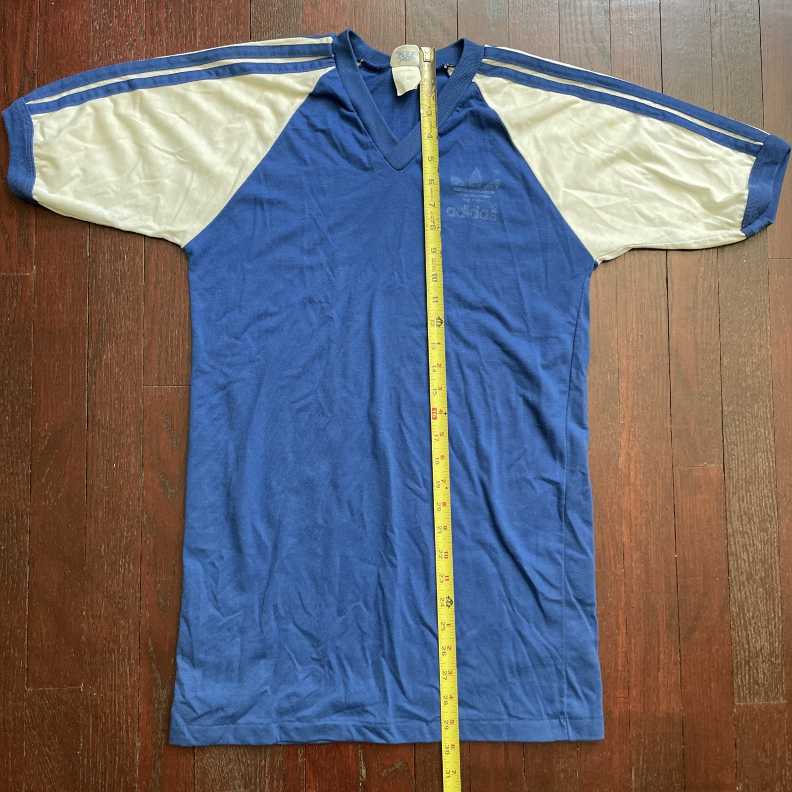 80s Vtg Adidas Trefoil USA MADE V-Neck LONG jersey Tee shirt blue white size M gallery