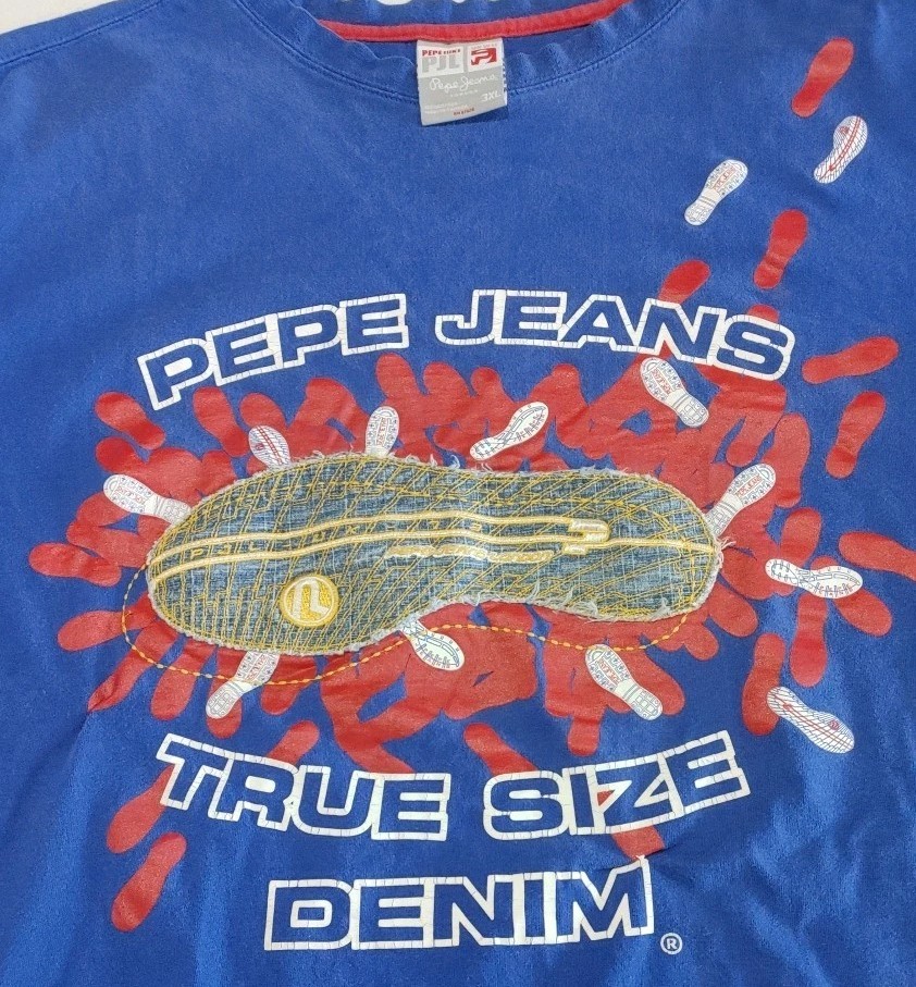 Vintage PEPE JEANS LONDON 2 Sided T-SHIRT "Size Does Matter" Blue Adult Size 3XL gallery