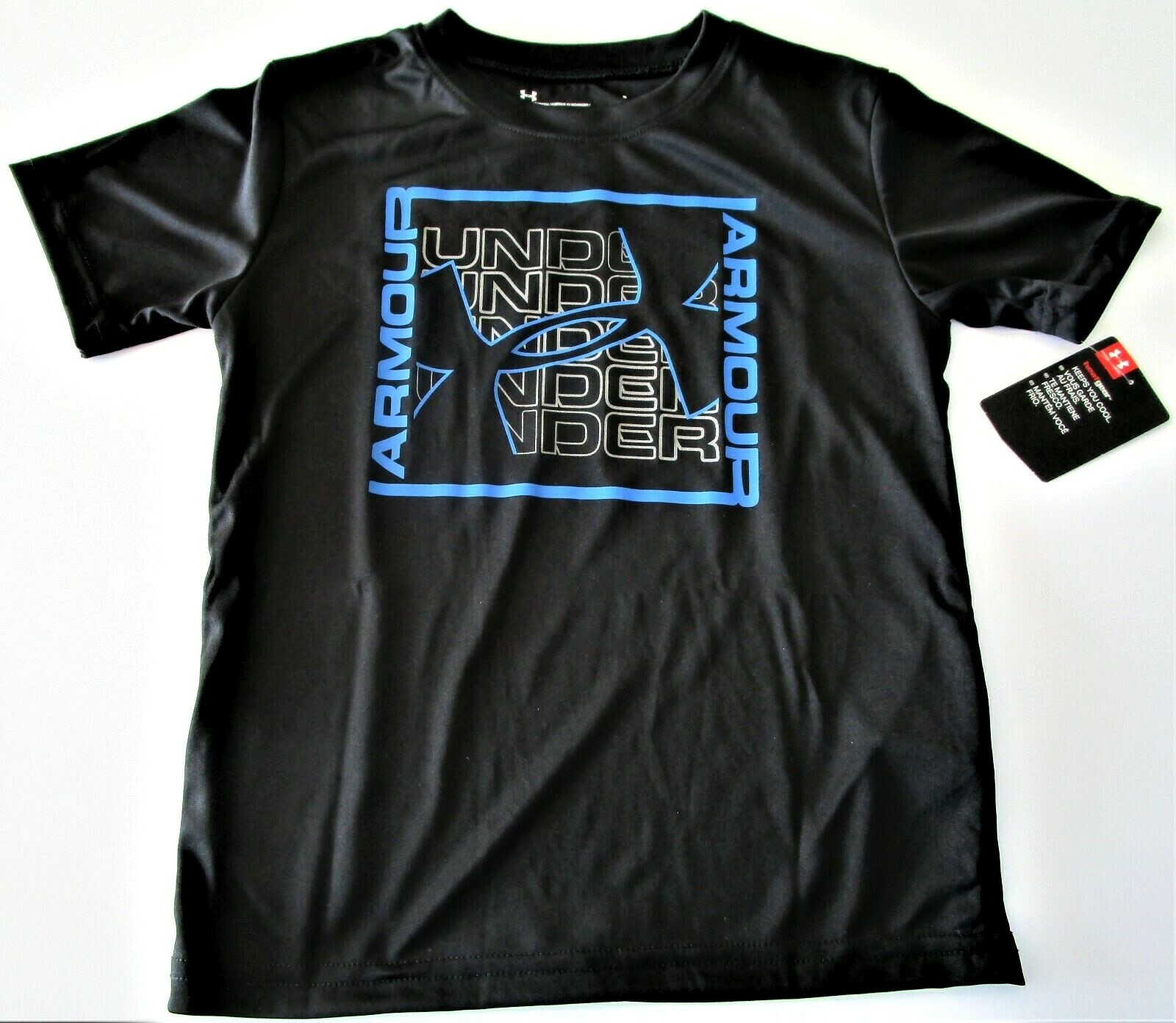Under Armour Heat Gear Boys’ Black w/Blue Logo Short Sleeve Shirt Y6 & Y7 – NWT