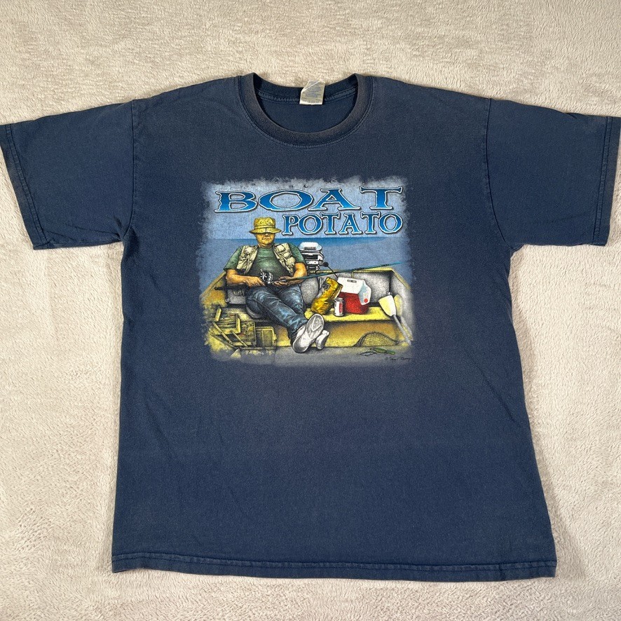 Vintage 90s Y2K Boat Potato Fishing Fisherman T-Shirt Distressed Blue Mens Large