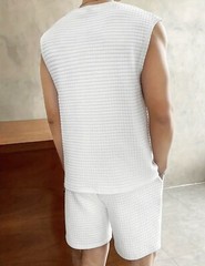 Men’s White Size L Quilted Textured Cut Off Crop Crewneck Sleeveless Muscle Tee