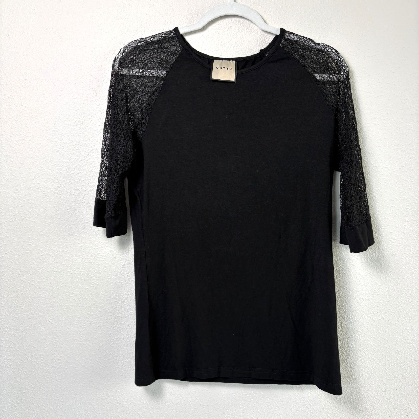 ORTTU Leonardo Top Mens Size M Black Jersey Short Lace Sleeves Sexy Fitted