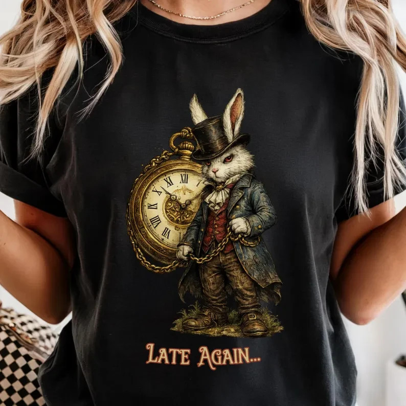 White Rabbit Alice in Wonderland Steam punk Late Again T-shirt gallery