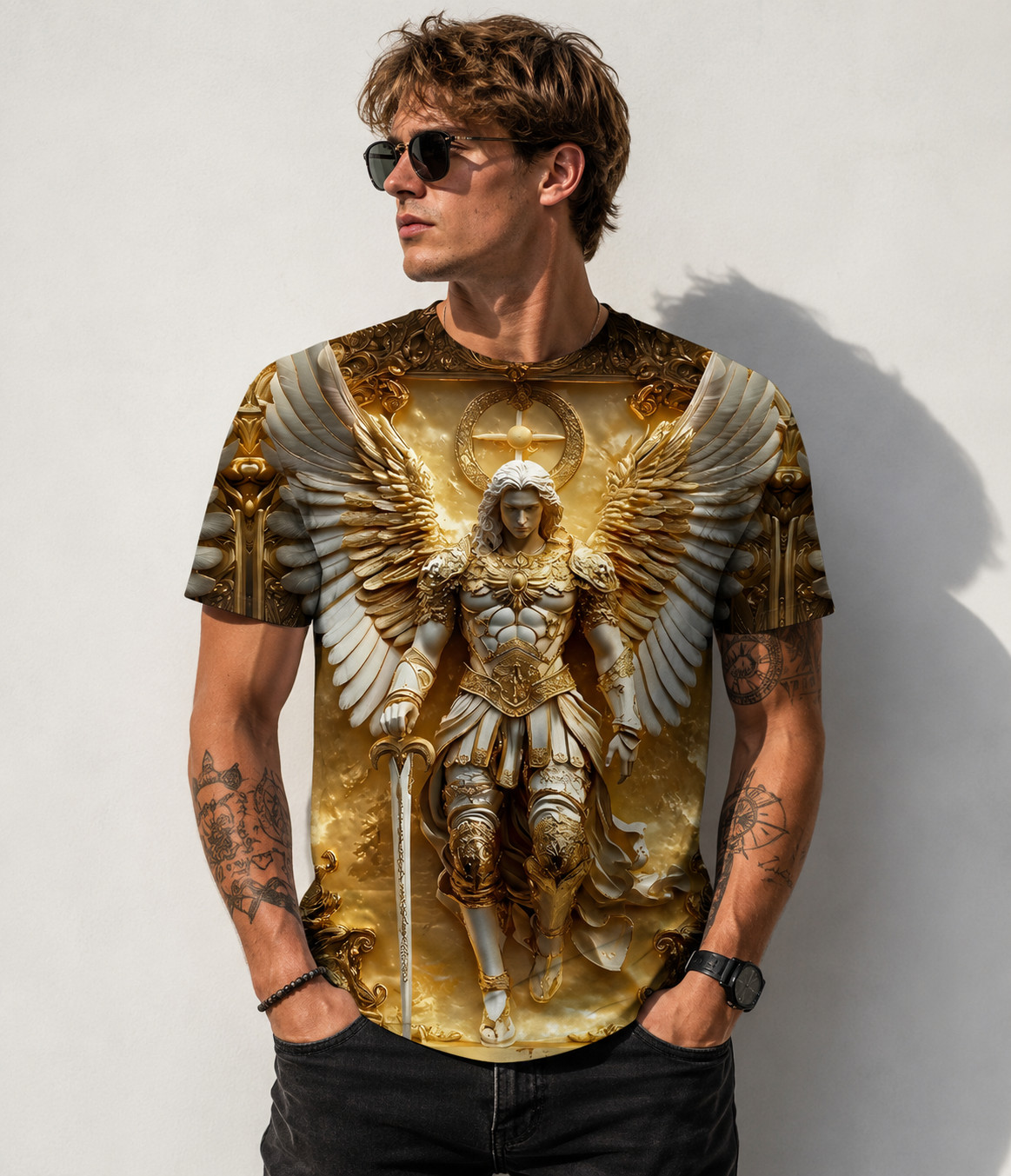 Men's 3d Angel Warrior Graphic T Shirt Golden Sword Design 3D Printed Unisex Tee gallery