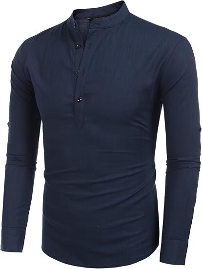 COOFANDY Men's Cotton Linen Henley T-Shirt Long Sleeve Hippie Casual Beach Blue gallery