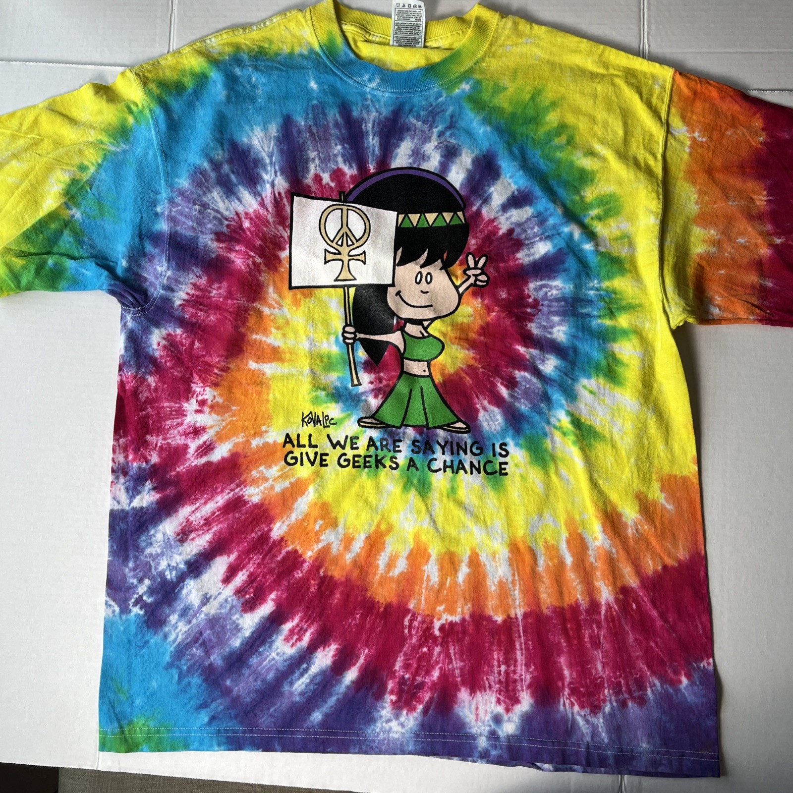 KOVALIC Tie Dye T-Shirt XL GIVE GEEKS A CHANCE Hippie Geek Humor Tee Peace gallery