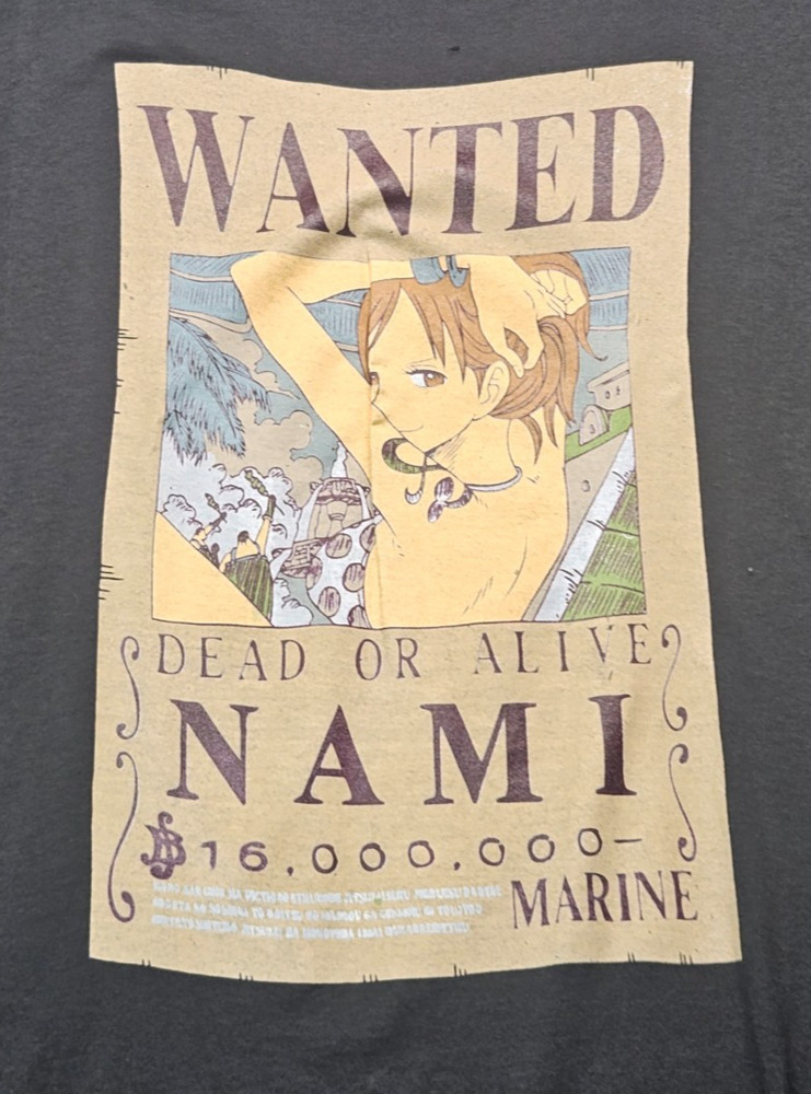 One Piece black Wanted dead or alive NAMI t-shirt men XL- NWOT w/minor defects
