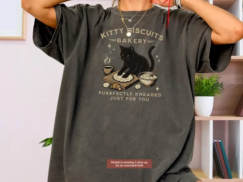 Black Cat Bakery Shirt, Cozy Coffee Cat Tee, Daily Kneads With Warm Brews gallery