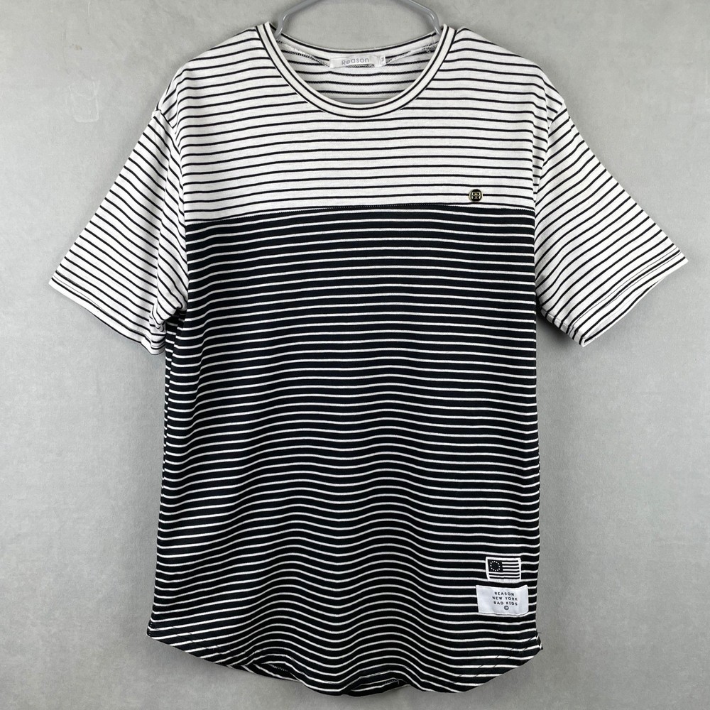 Reason Clothing Men Striped S/S Textured T-Shirt Black White Curved Hem M Casual