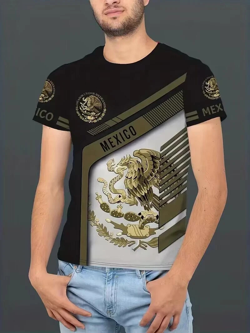 Mens Aztec Eagle Graphic T Shirt Gold Black Mexican Print Short Sleeve Tee