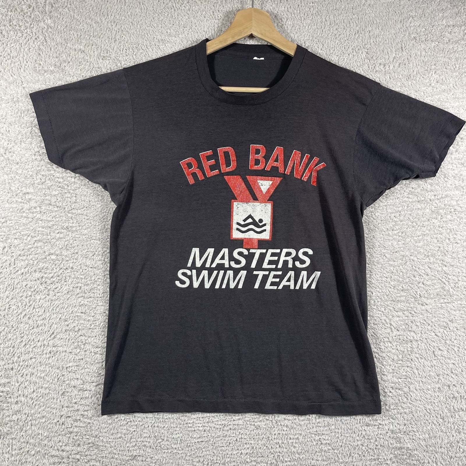 Vintage 80’s Red Bank YMCA Swim Team T Shirt Adult Medium Black Polycotton NJ