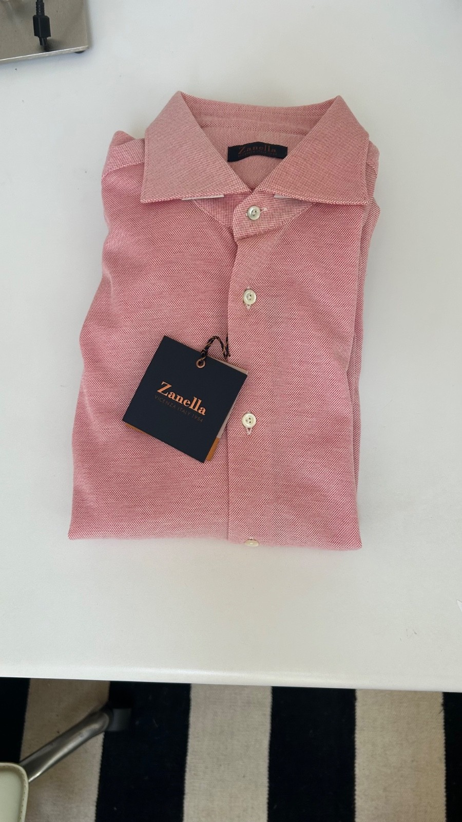 Bassano long sleeve shirt in medium pink. 100% textured cotton. Size M.