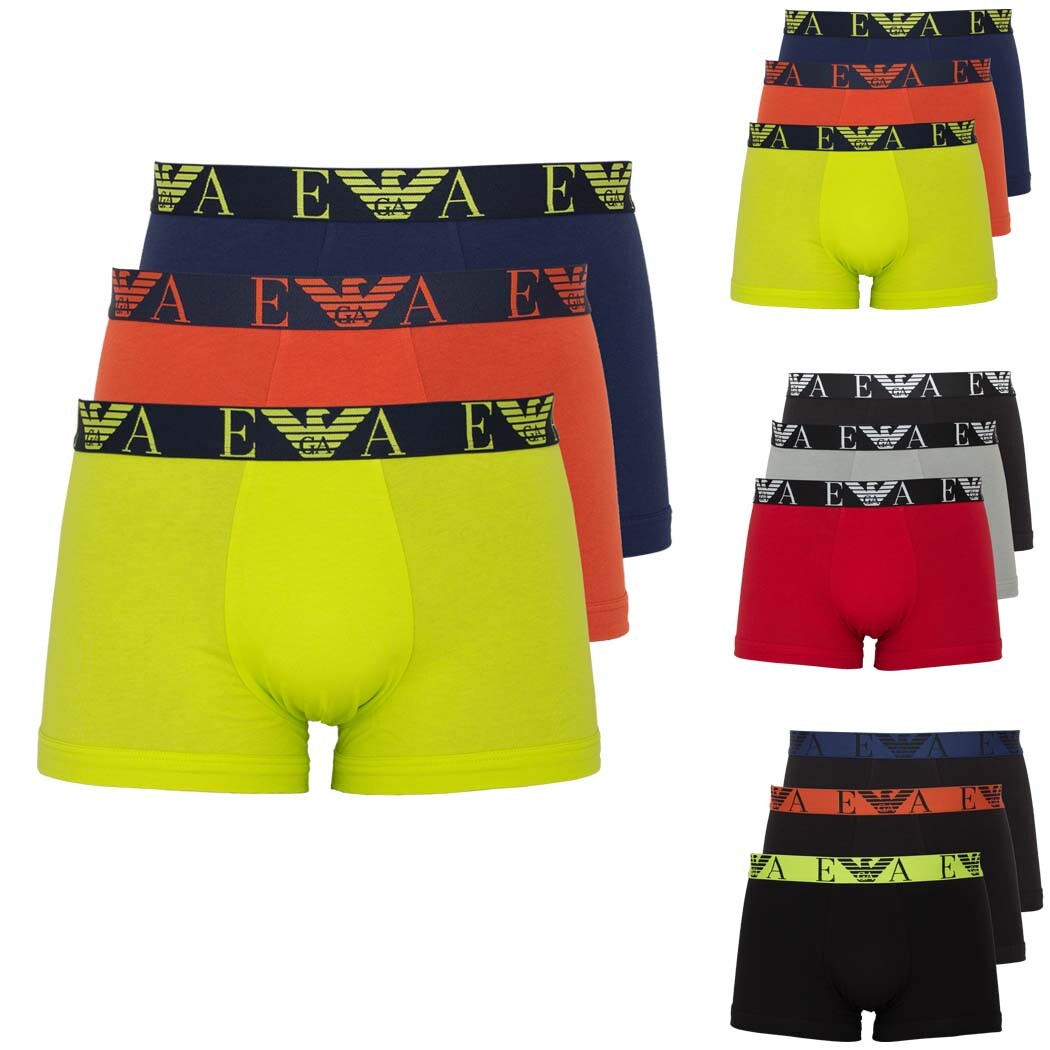 EMPORIO ARMANI Mens Boxer Shorts 3 Pack Cotton Stretch Trunks Logo Strap