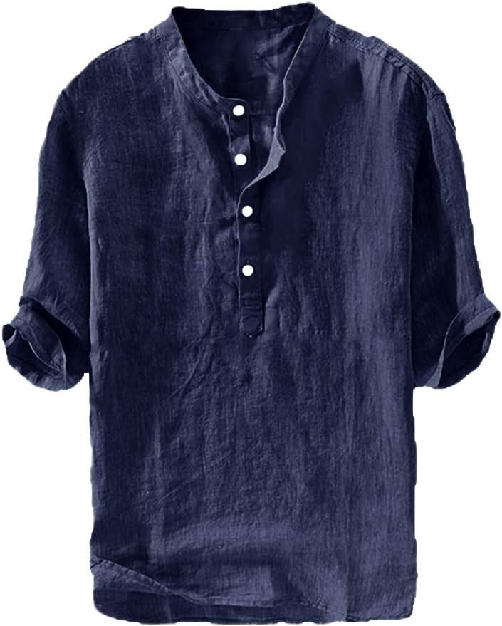 Men's Casual Linen Cotton 3/4 Sleeve Henley T-Shirt - Lightweight Summer Top gallery