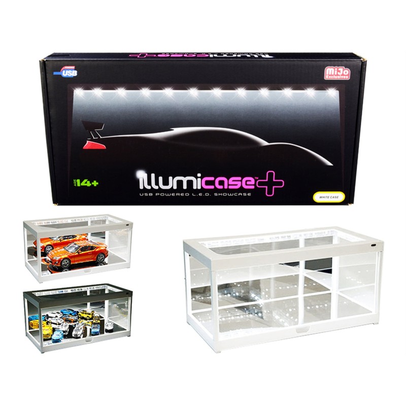 Collectible Display Show Case Illumicase+ LED Lights Mirror Base and Back, WHITE