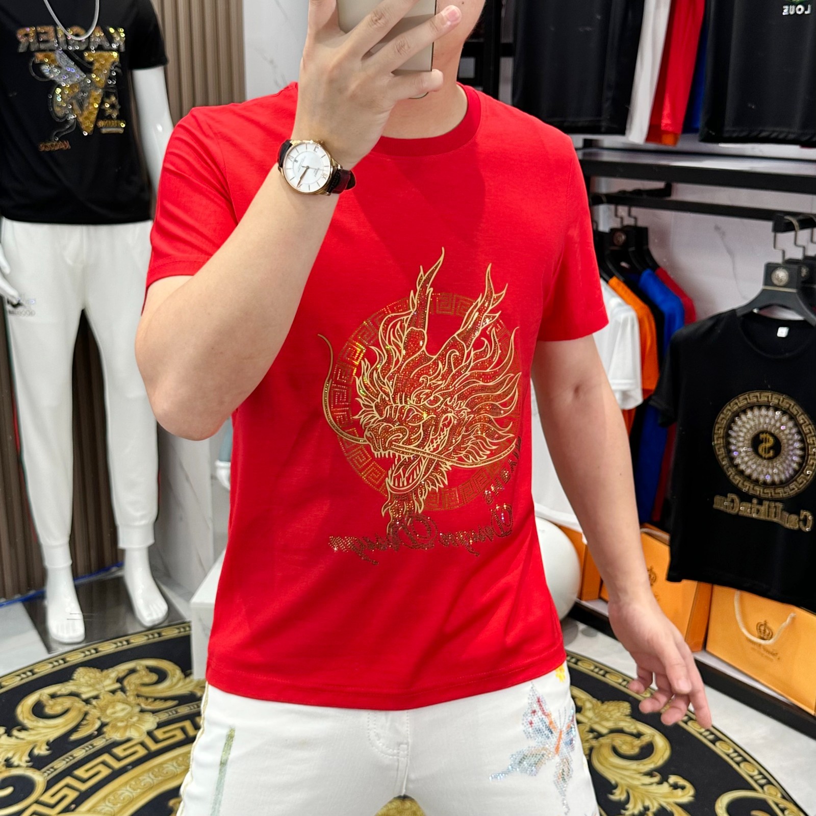 New Men Fashion Trend Dragon Diamond Rhinestone Streetwear Summer Luxury T-Shirt gallery