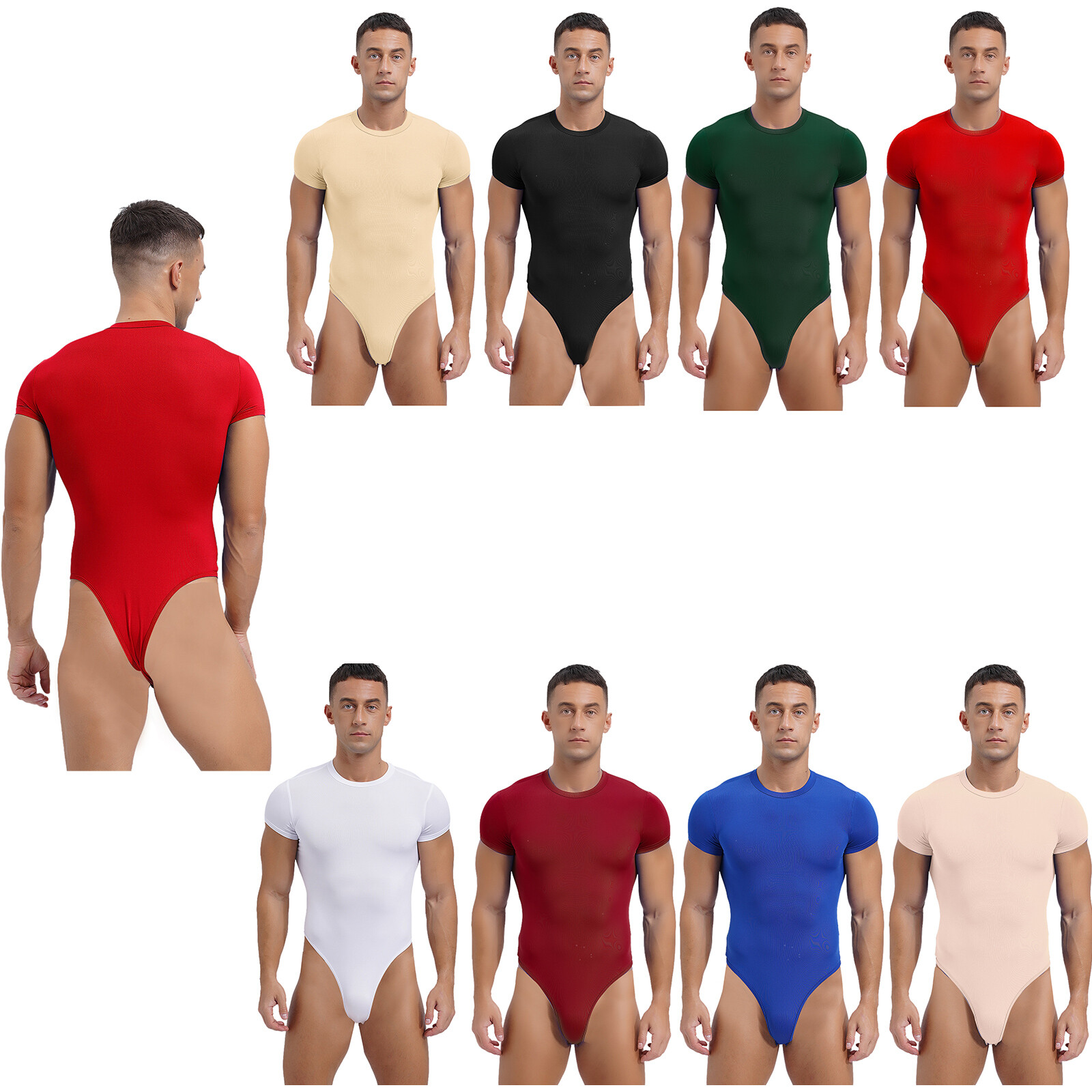 Mens Short Sleeve Bodysuit Athletic High Waist Jumpsuits Stretchy Button Bodycon gallery
