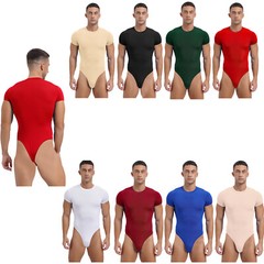 Mens Short Sleeve Bodysuit Athletic High Waist Jumpsuits Stretchy Button Bodycon