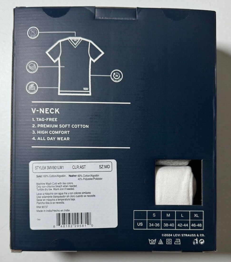 NEW Levi's Men's Tees T-Shirts 3 Pack M L White Gray Black V-Neck Cotton V1 gallery