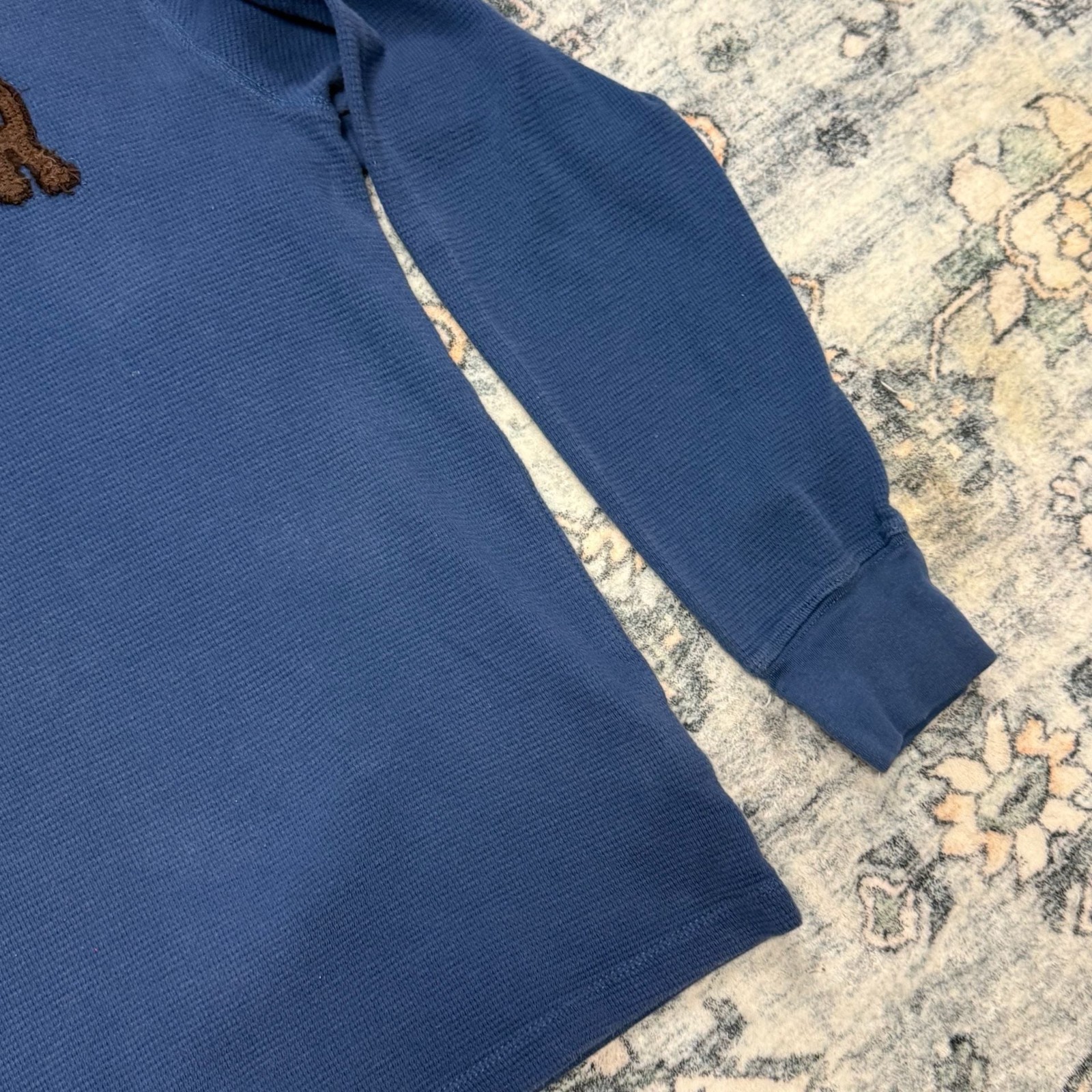 Tommy Hilfiger Vintage Style Blue Waffle Knit Long Sleeve Shirt with Brown Spell gallery